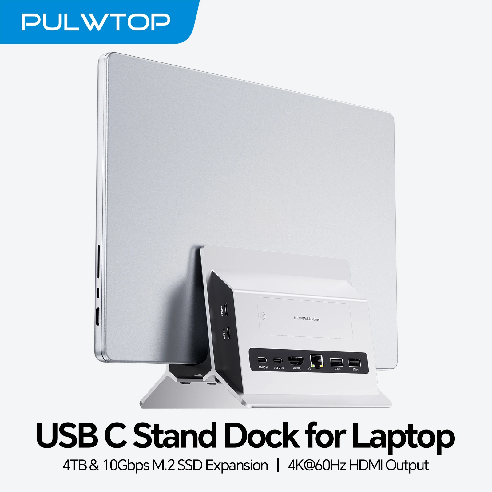 

PULWTOP Vertical USB C Docking Station with M.2 SSD Case, HDMI, USB A/C, RJ45, SD/TF, PD for MacBook Pro/Air,Type C Laptop-Silve
