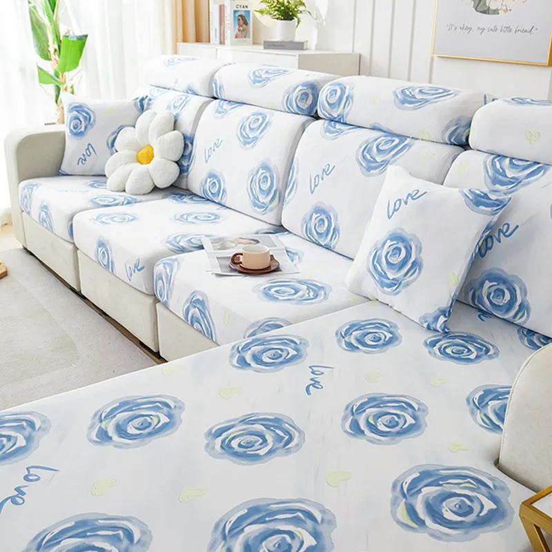 

Blue Rose Pattern Sofa Cover, Colorful Elastic Sofa Cushion Cover, Unique Cool Fabric for Summer, Comfortable Cushion Cover