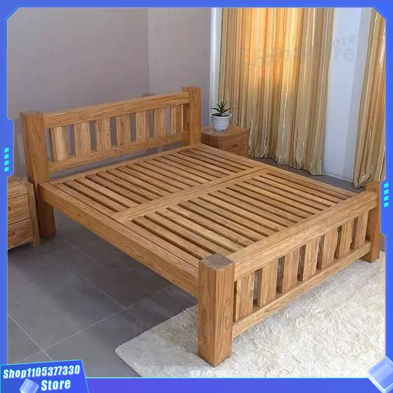 Modern Simple Solid Wood Bed Old Elm Tatami Hard Board Frame for Dormitory Homestay Rental Room Falcon Riveting Design