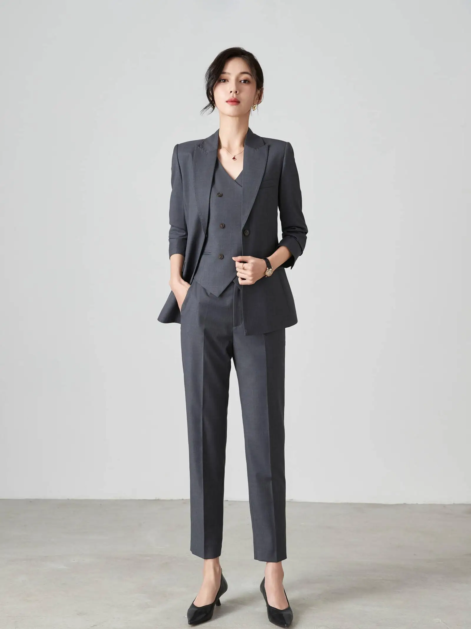 

Ele ey Woolen Suit Jaet Small Size Women's Faion Commute Sle Tee-Piece Set with Vest And Slim Pants