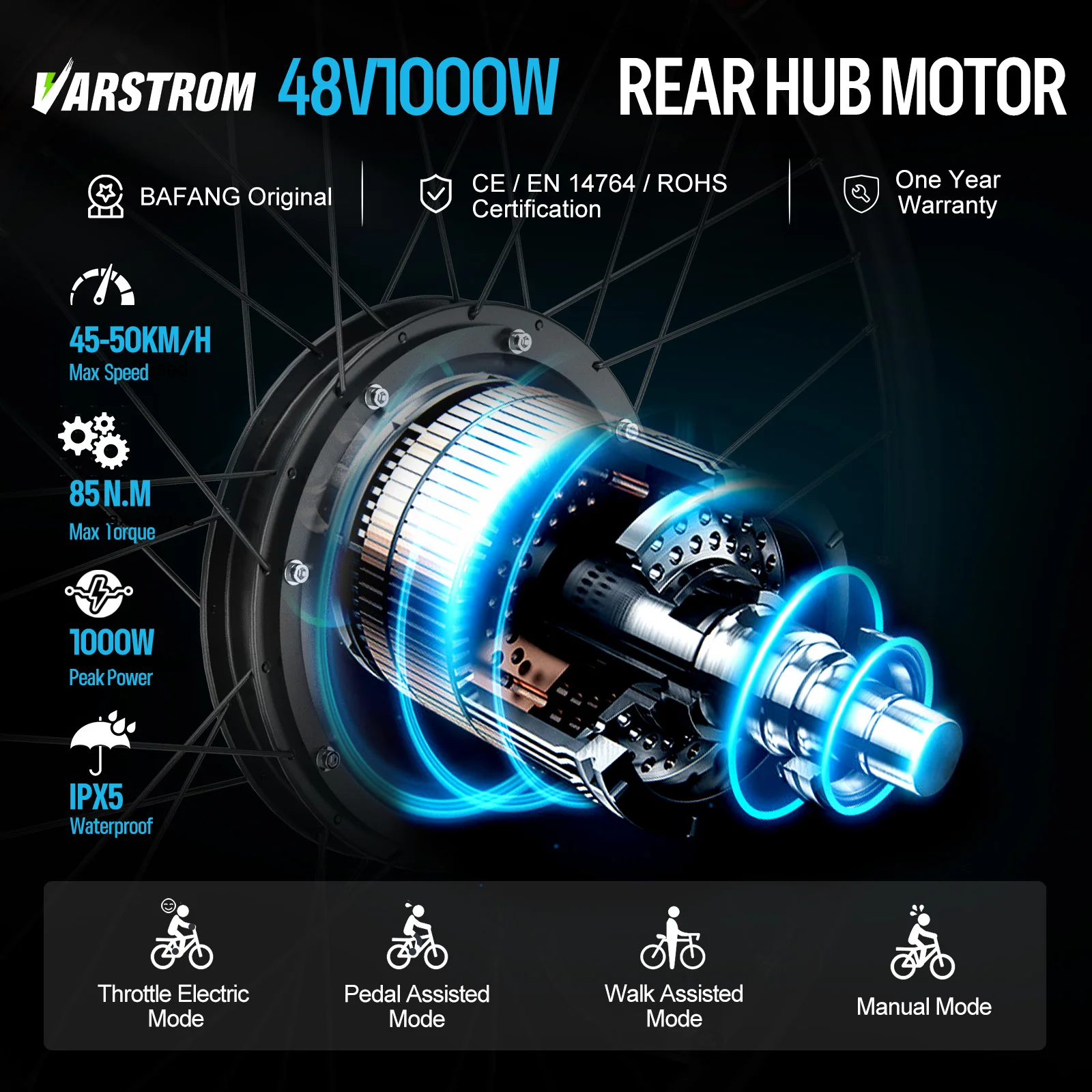 Silnik w piaście koła Varstrom 48V 1000W 1500W Zestawy do konwersji rowerów elektrycznych eBike Silnik z napędem tylną kasetą z baterią Hailong