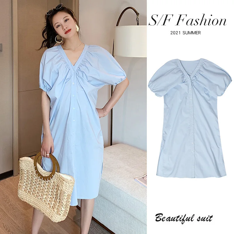 

Summer New Loose Style Solid Color Dress - Large V-neck Shirt Short Sleeve Pregnant Women's Dress Button Casual Dress