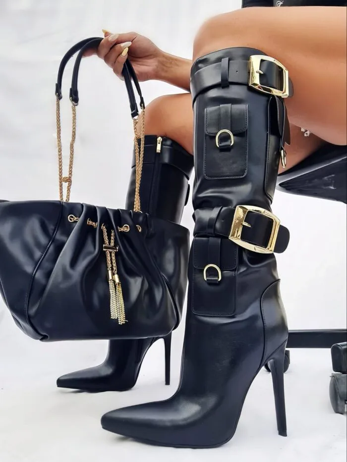 2025 Fashion Women‘s The Knee Boots New Thin High Heels Camouflage Army Green Shoes Knee High Boots Pocket Black Jeans Boots 44