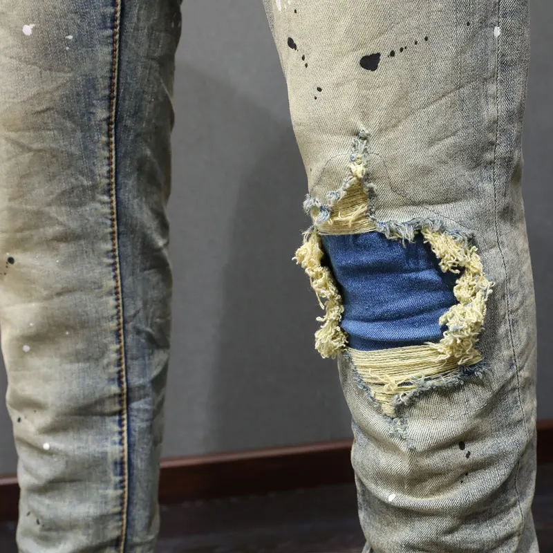 High Street Fashion Men Jeans Retro Washed Blue Stretch Skinny Fit Painted Ripped Jeans Men Patched Designer Hip Hop Brand Pants