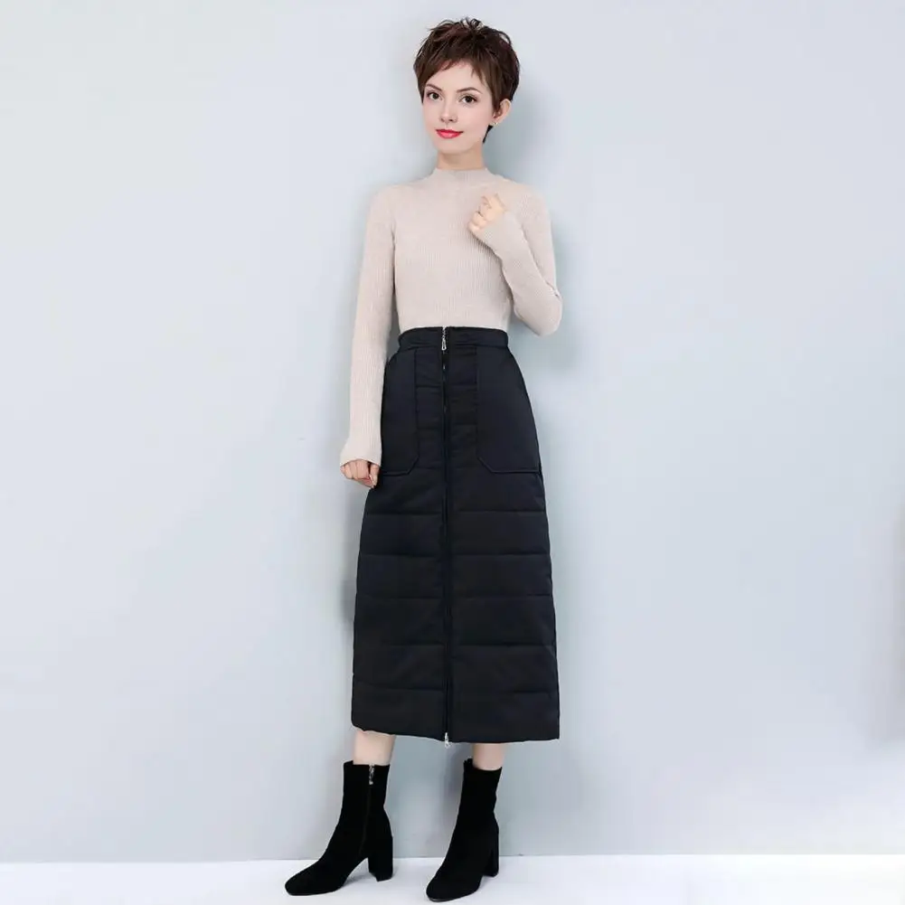 

Women Warm Skirt Cold Weather Skirt Quilted Texture High Waist Midi Skirt with Side Pockets Women's Warm A-line with Zipper