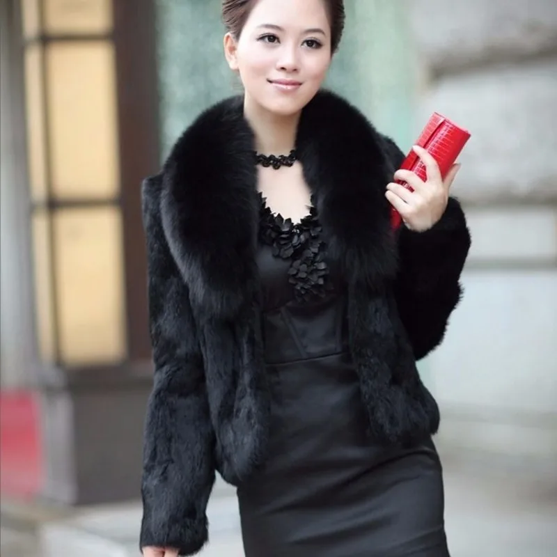 2023 Winter New Middle-Aged Women Fox Fur Collar Slim Short Outwear Female Fashion V-neck Rabbit Fur Coat Casual Warm Outcoat