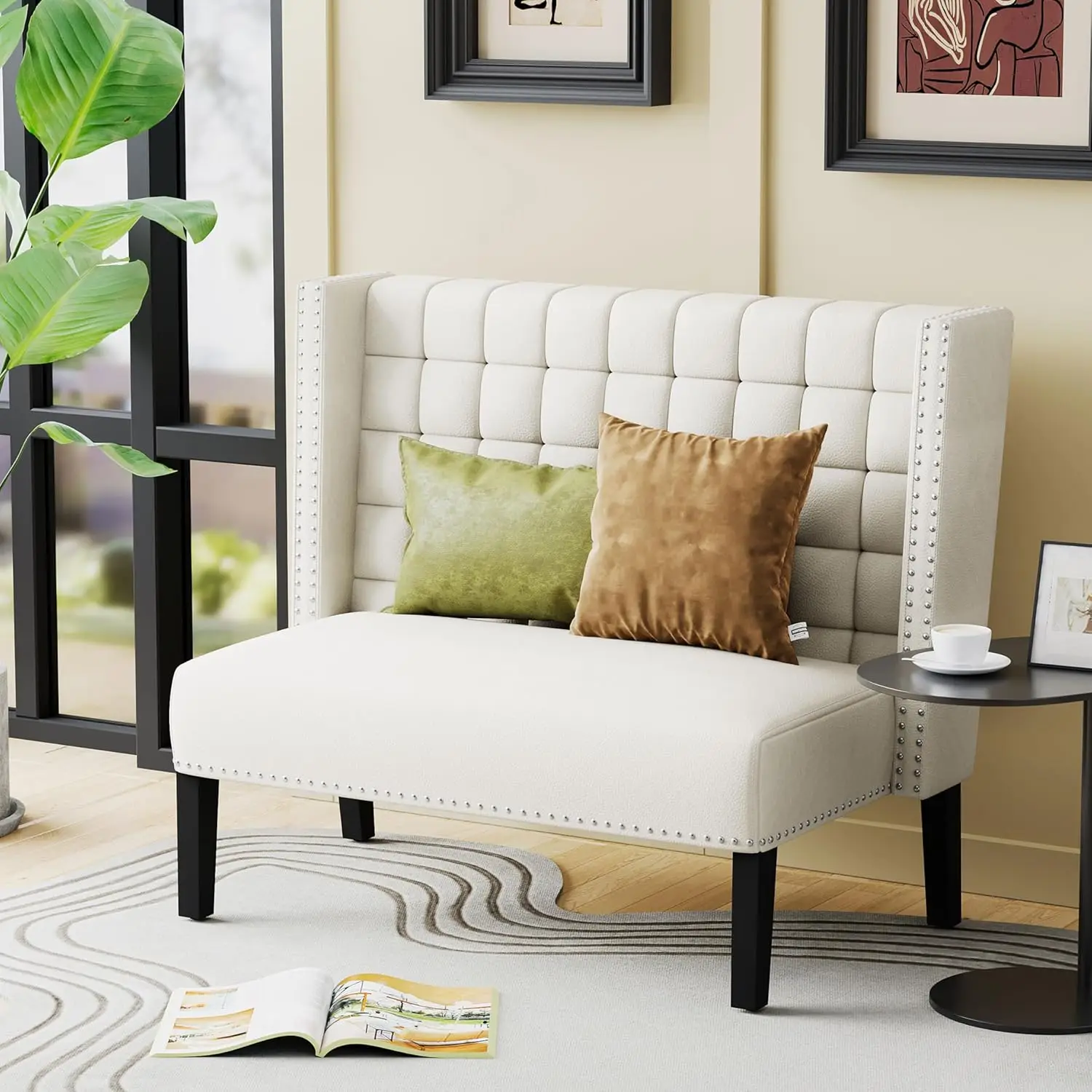 أريكة مقعد أريكة حديثة بمقعدين، مقعد طعام منجد مع ظهر، أبيض