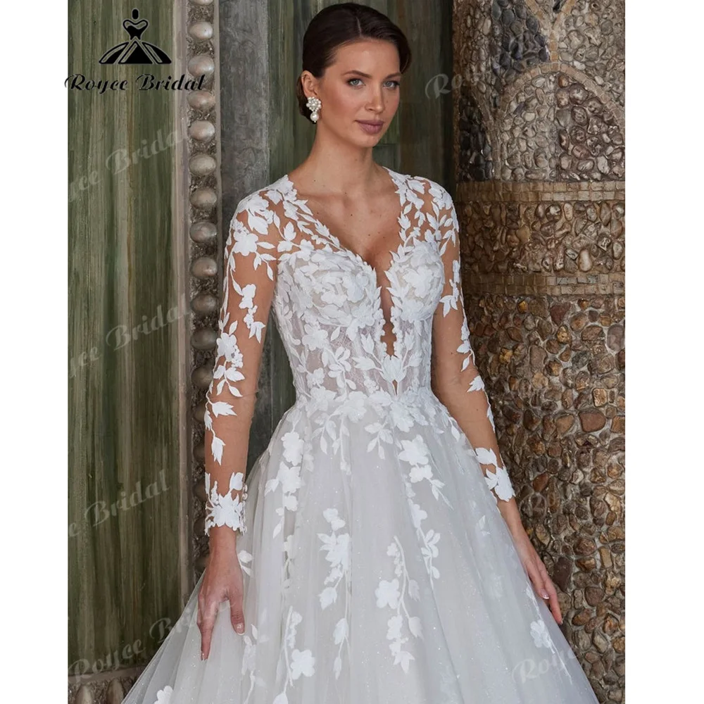 Long Sleeve Deep V Floral Lace Wedding Dress Sparkle Tulle Illusion Back Button Chapel Train Garden Bridal Gown Customized