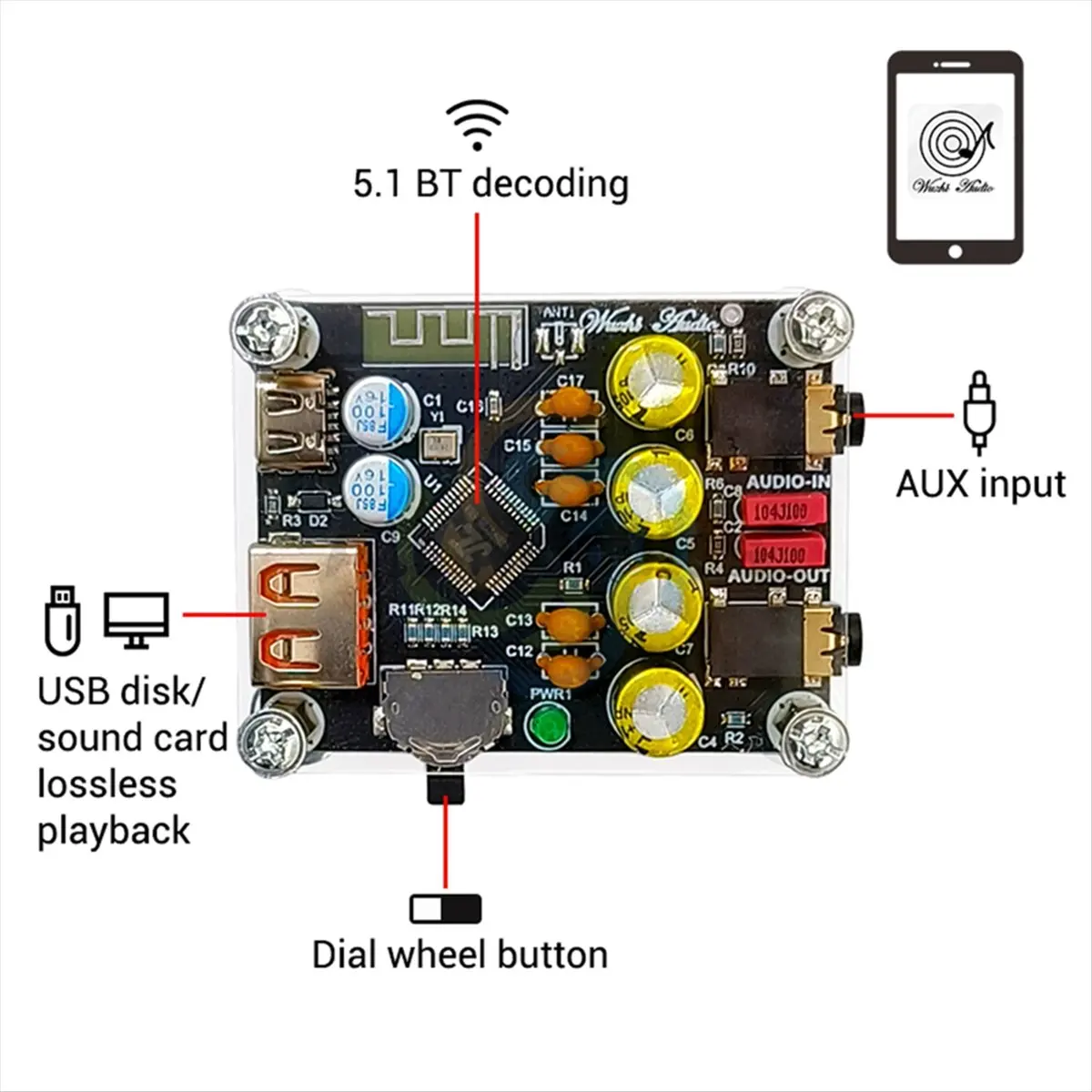 

(BAAY) ZK-PT2 HIFI 5.1 Bluetooth USB-декодер, проигрыватель, аудиоприемник без потерь WAV/FLAC/APE, усилитель звука с функцией управления через приложение