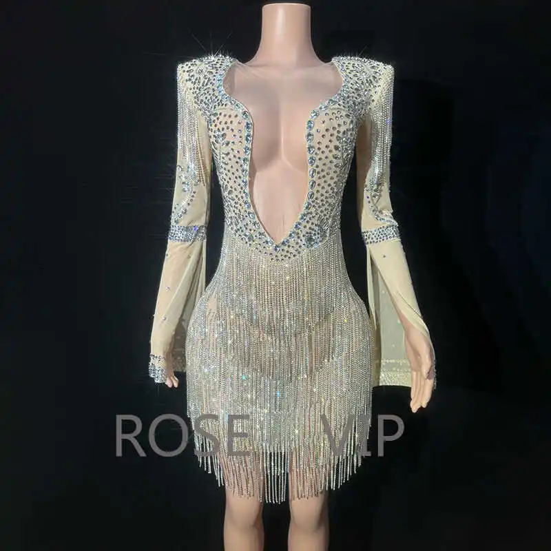 Deep V Sexy Dress Rhinestone Fringe Mesh Dress Singer Performing Costumes Nightclub Bar Vestido De Festa Luxo Gogo Dance Costume