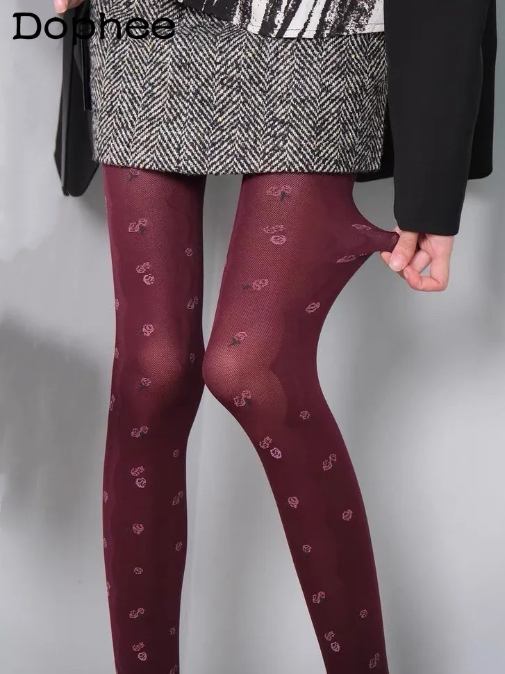 

Japanese Style Spring and Autumn Rose Jacquard Base Pantyhose Wine Red Thin Retro Hollow Out Tights for Women
