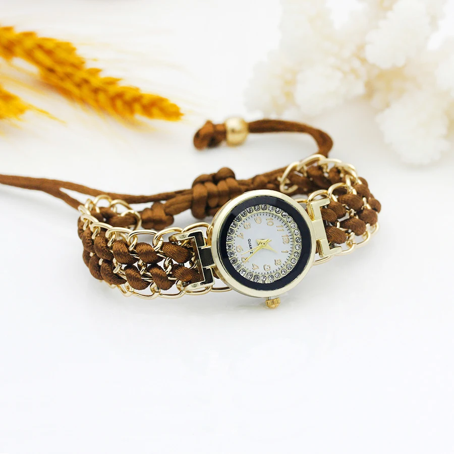 Reloj de vestir de oro para mujer, pulsera tejida a mano con flores, diamantes de imitación brillantes de Color, reloj de tela para niña dulce, nuevo