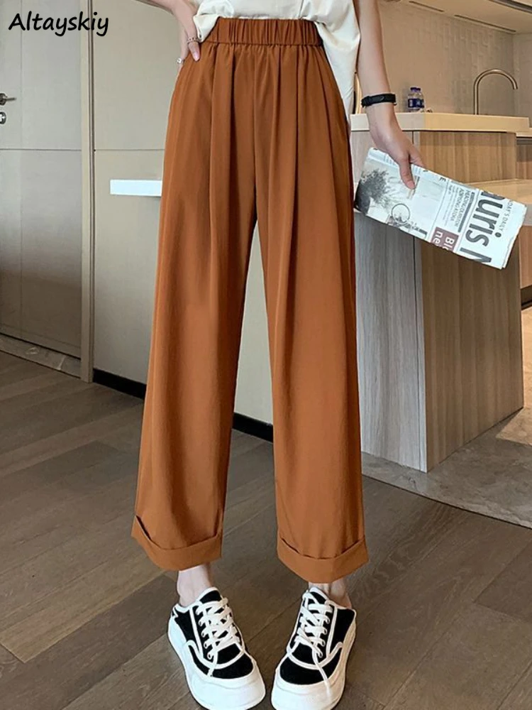 

Casual Pants Women Ankle-length Chic Elastic Waist Fashion Summer Simple Loose All-match Korean Style Students Straight Literary