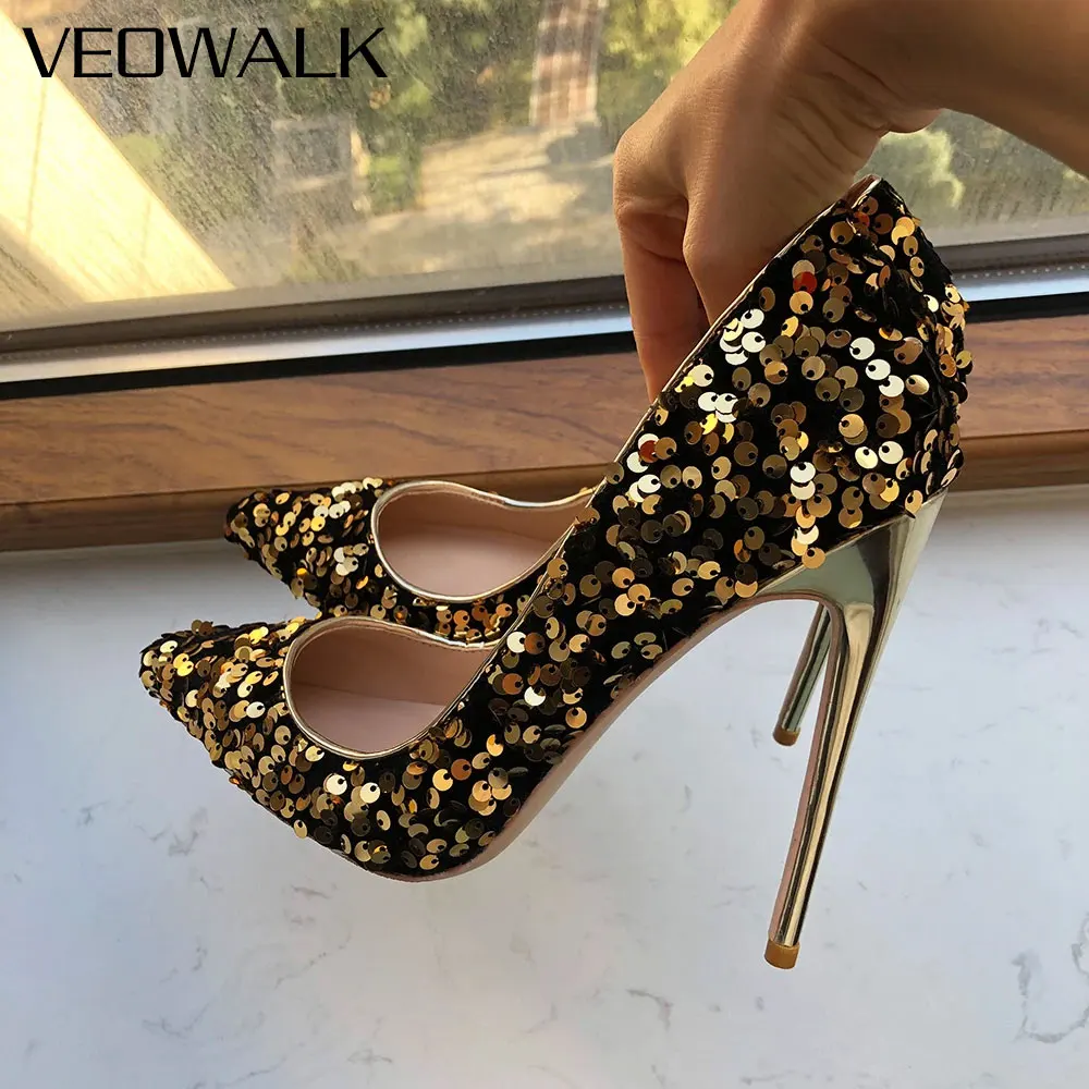 

Veowalk блестящие черные и золотые туфли-лодочки на шпильке с острым носком и блестками, 12 см, туфли-лодочки без шнуровки на высоком каблуке для женщин, новогодние вечеринки