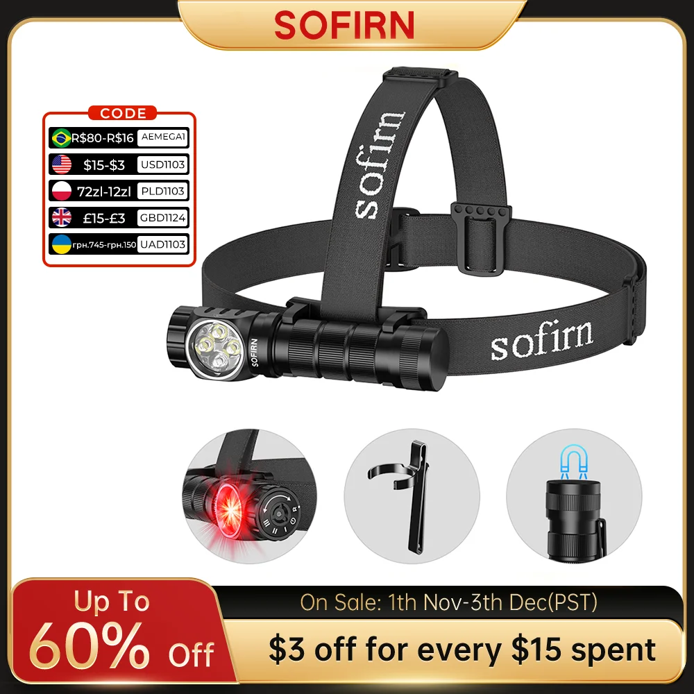 SOFIRN HS43 3200 lm Stirnlampe 184 m Weiß & 660 nm rote LED-Drehschalter 21700 USB C wiederaufladbare Taschenlampe IPX6 wasserdicht