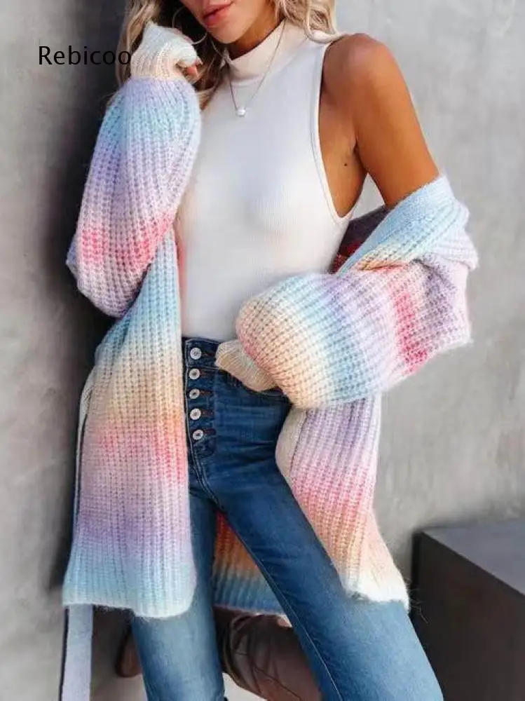 Belted Loose Mid Length Knit Cardigan For Women Gradient Dye V Neck Long Sleeve Relaxed Fit Knit Coat For Daily Street Looks
