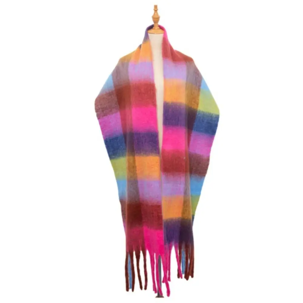 Simple Mohair Plaid Wool Scarf Thick Rainbow Tassel Shawl Imitation Cashmere Long Warm Wraps Girl