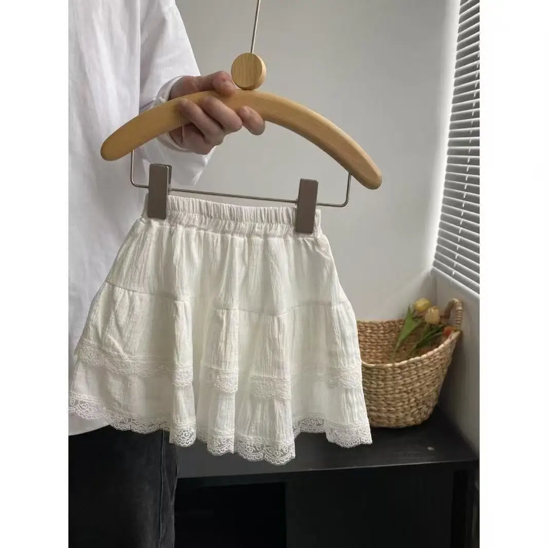 

Summer Girls' Set Fashion 2025 New Children's Doll Collar Short Sleeved Top+lace Cake Skirt Half Skirt Two-piece Set 2-6 Years
