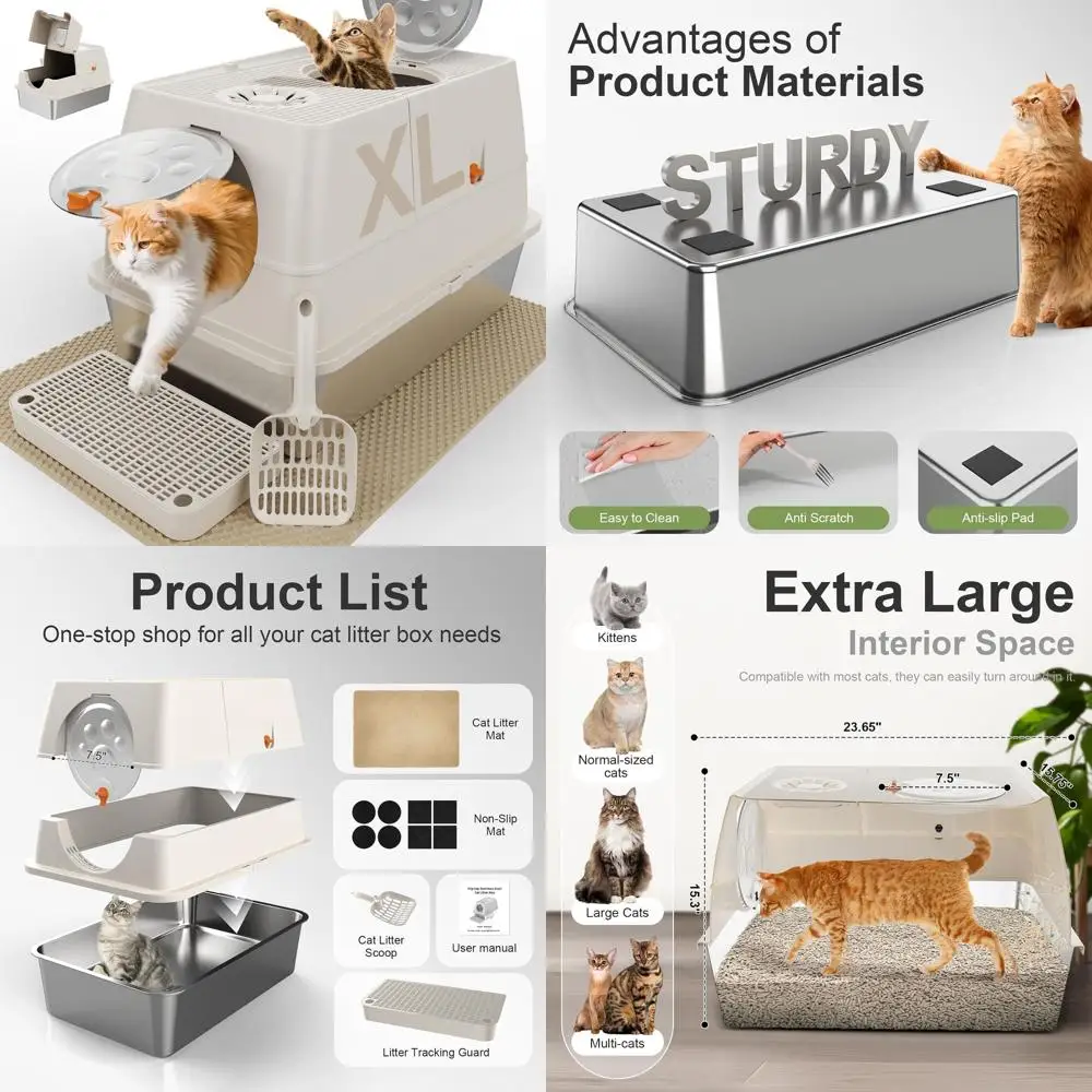 

Extra Large Enclosed Top Entry Stainless Steel Litter Box with Lid, High-Sided for Cats, Easy Clean, Anti-Leakage, Includes Mat,