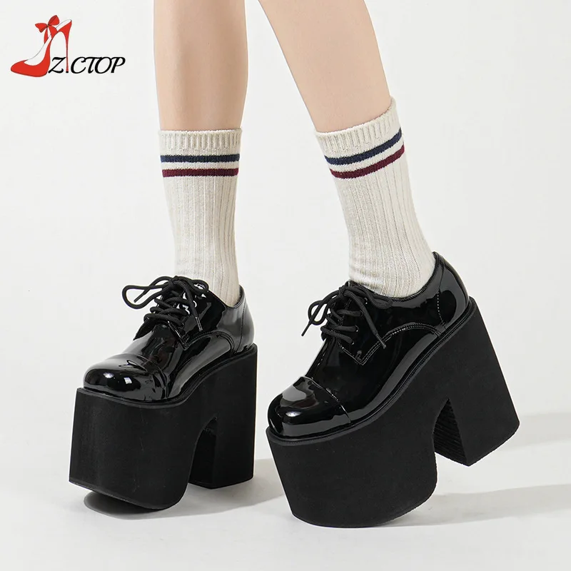 Super High Heels Chunky Platform Pumps Women Patent Leather Lace Up Gothic Punk Pink Mary Jane Lolita Cosplay Shoes Big Size 42