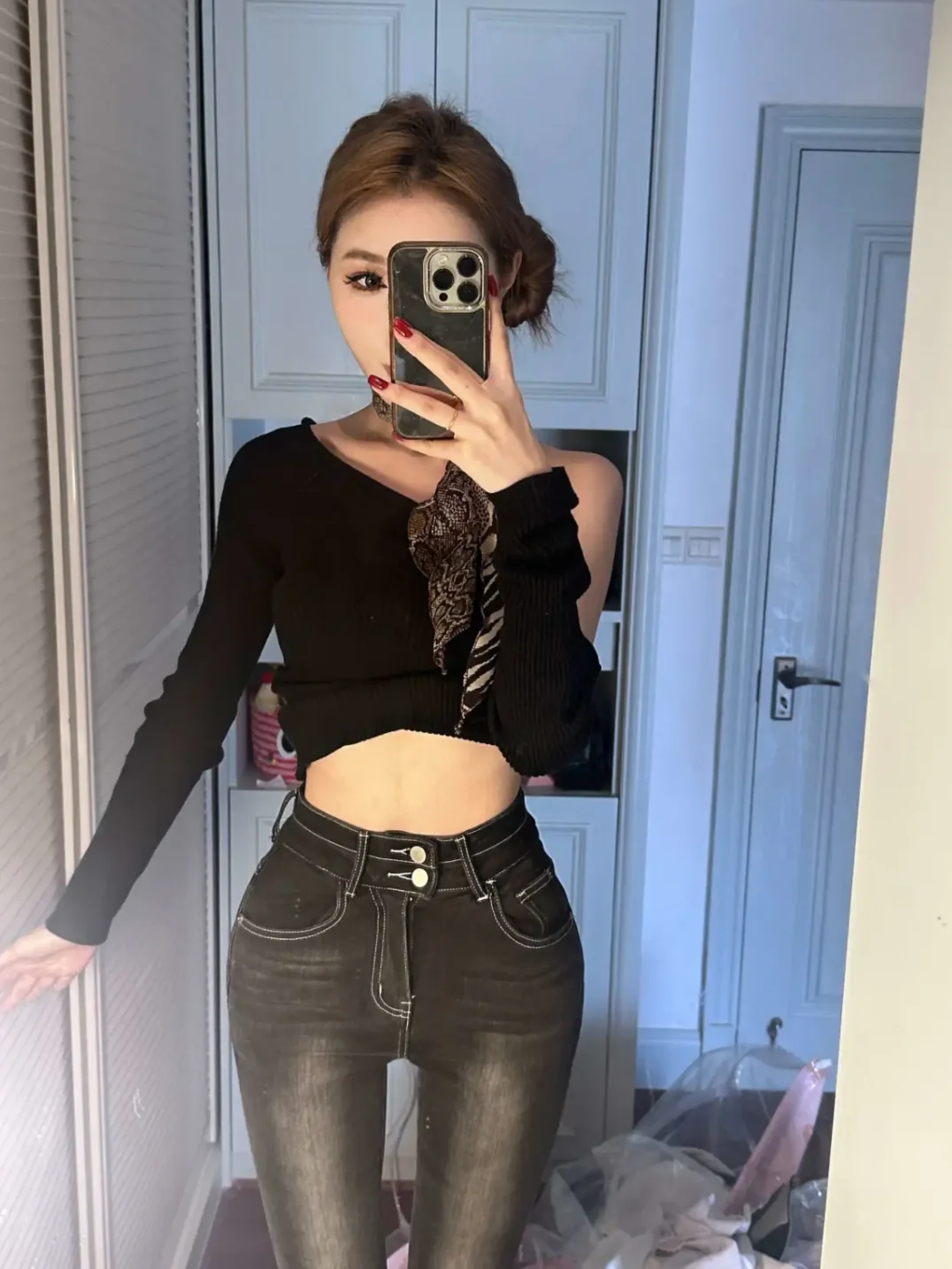 

Korean Sle High Waist Bell Bot Jeans Double Bule Slimming Stretchy Long Leg Lengthening Faded Denim Women's Spring Cot...