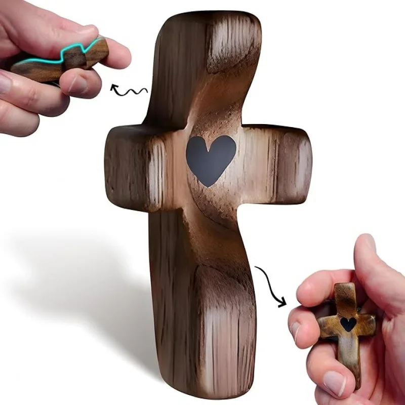 Rustic Wooden Comfort Hand Cross with Heart Cutout, Large Prayer Cross & Mini Pocket Matching Cross Set, Christian Religious Keepsake Gift for Baptism Funeral Home Table Decor