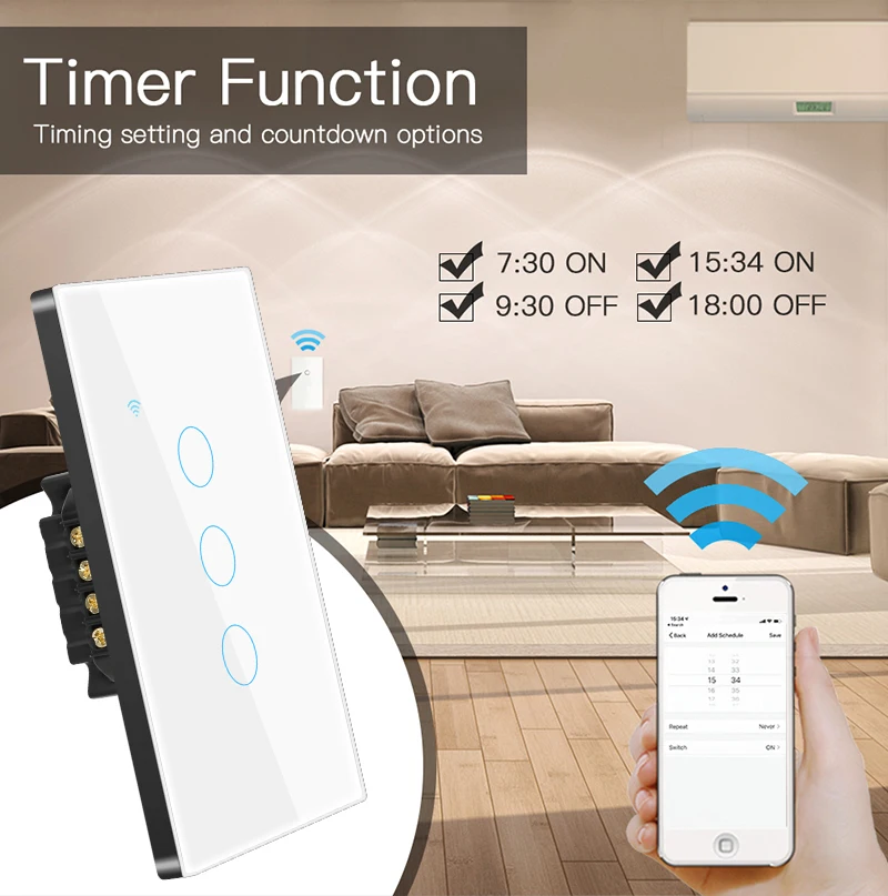 Tuya WiFi US Smart Light Switch Neutral Wire/No Neutral Wire Diperlukan 120 Type Wall Touch Switch Bekerja dengan Alexa, Google Home