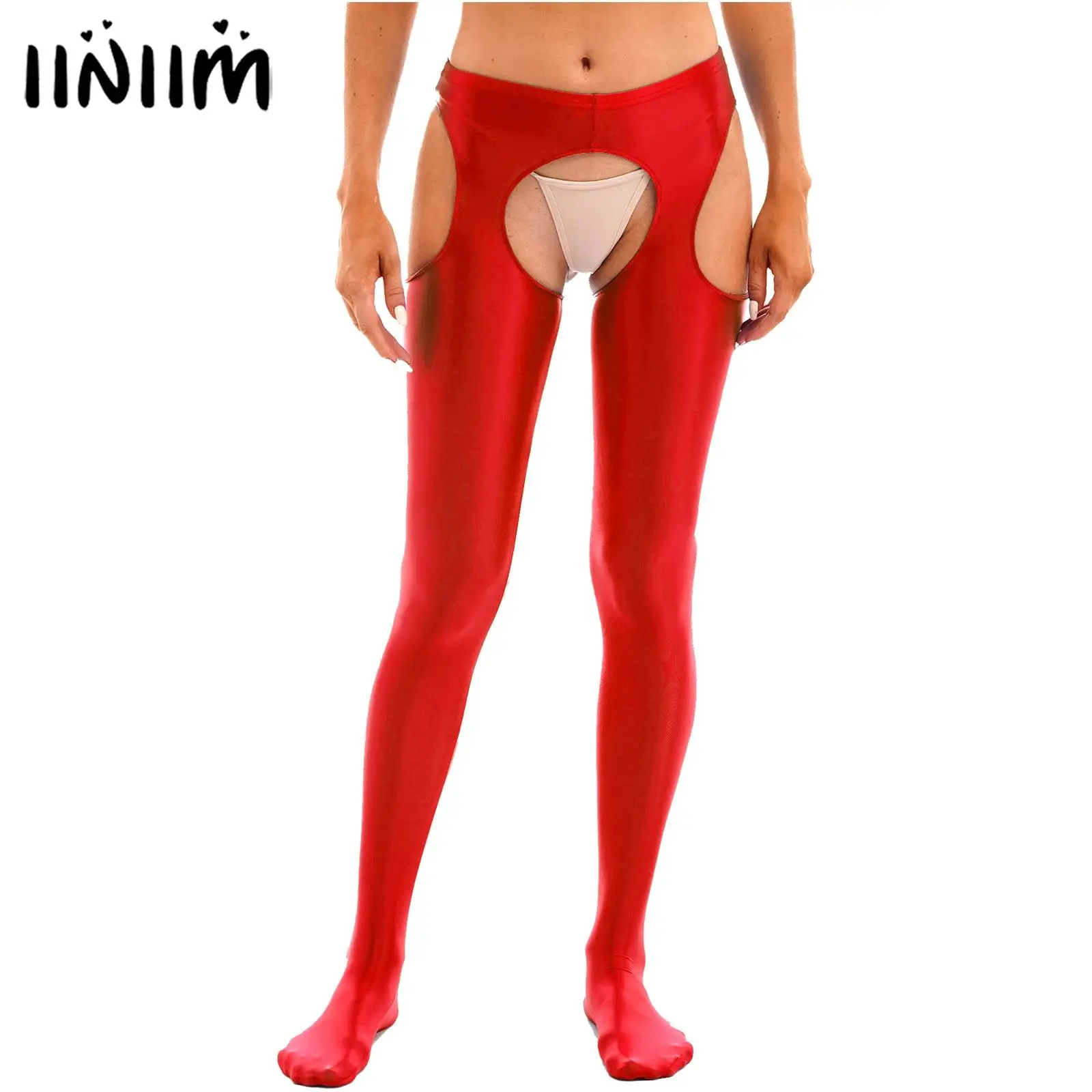 

Womens Oil Silk Skinny Pants Cutout Crotchless Pantyhose Glossy Mid Waist Tights Elastic Waistband Hollow Out Open Butt Leggings