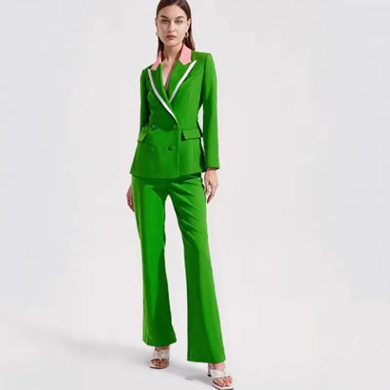 Women Green Pink Contrast Lapel 2‑Piece Suit Double‑Breasted Blazer Flared Pants Set Color‑Block Office Business Spring Autumn O