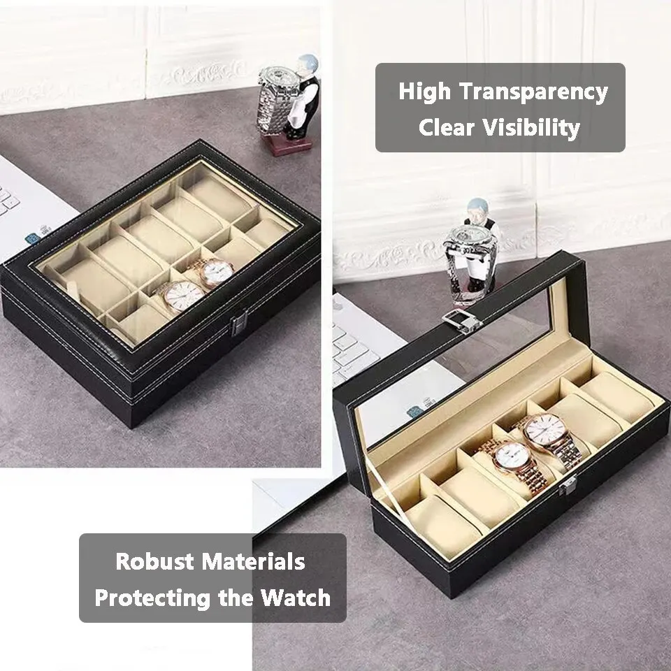 Watch Box, 12-Slot Watch Case with Large Glass Lid, Removable Watch Pillows, Watch Box Organizer, Gift for Loved Ones