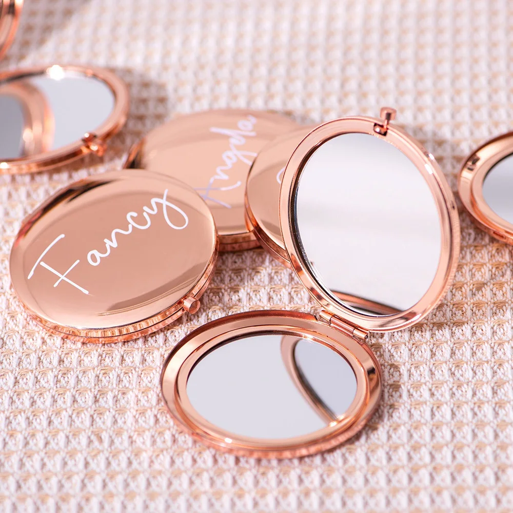 Personalized Compact Mirror Wedding Bridesmaid Gifts Custom Pocket Cosmetic Mirror Engraved Name & Logo Circle Rose Gold for Her