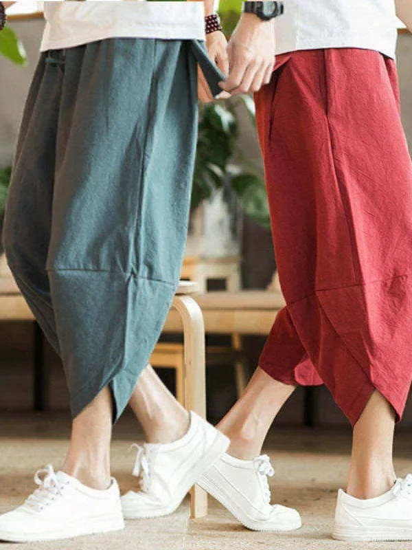

Summer Thin Cotton Linen Wide Leg Pants Loose plus Size Color Men's Shorts Beachwear Trendy mid Waist Bright Thread