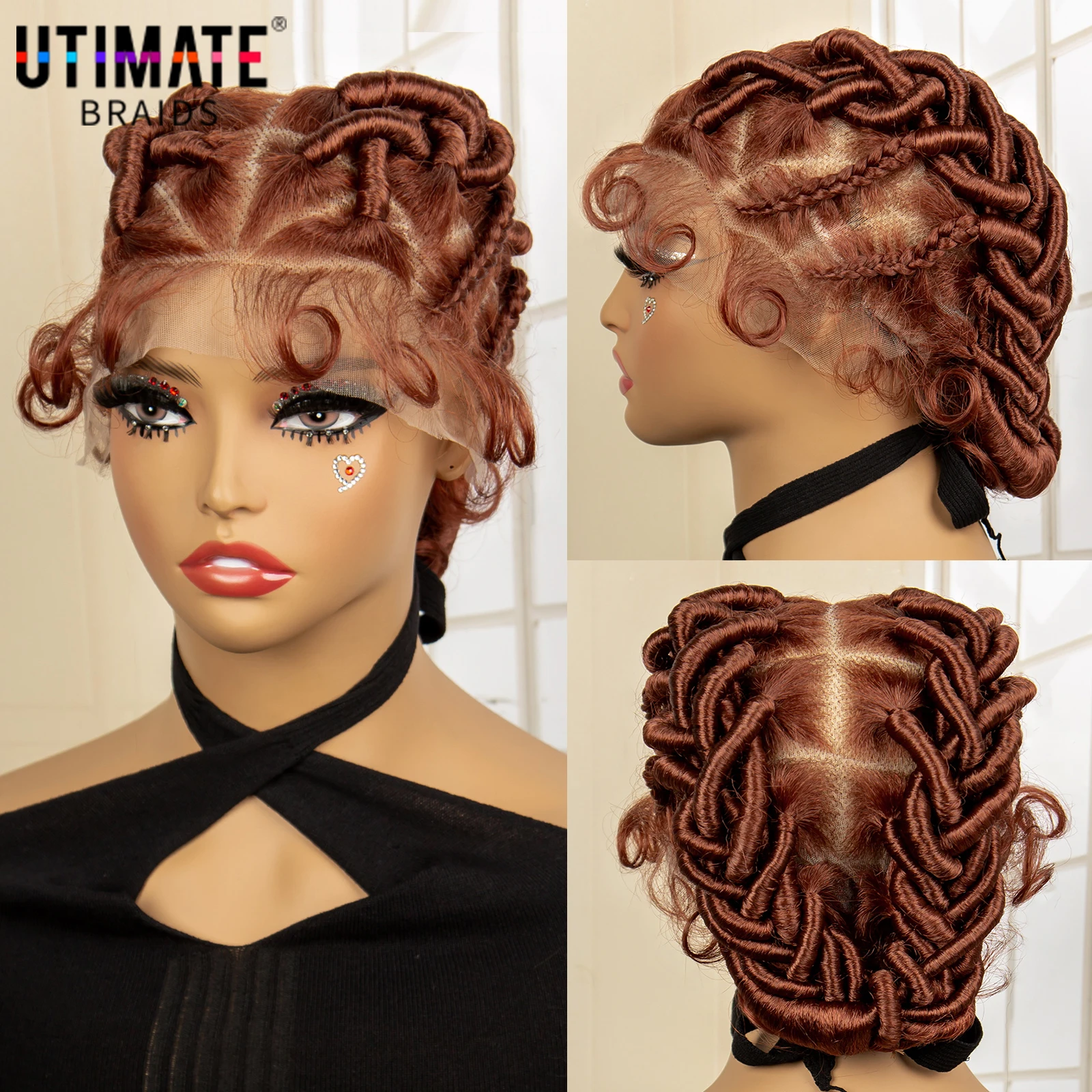 

350# Ginger Orange Afro Bantu Knotless Braiding Wig Synthetic Full Lace Lightweight Short Braided Wigs for African Black Women