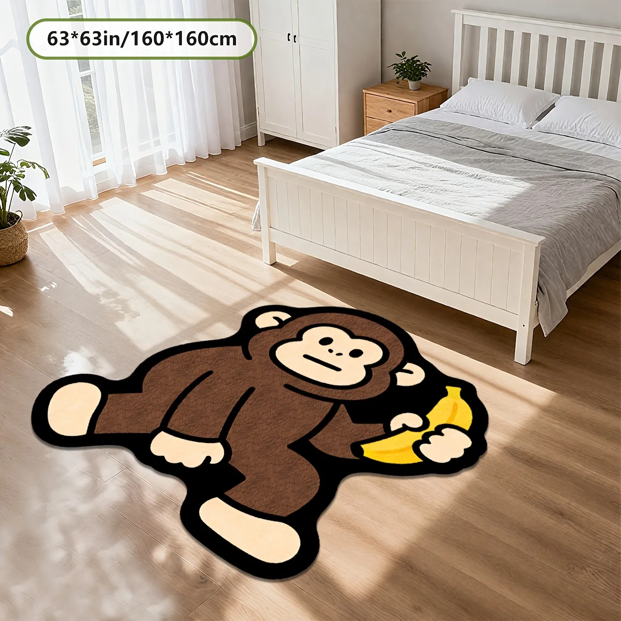 VIKAMA Cute Monkey Shaped Area Rug Cartoon Ape Holding Banana Print Non‑Slip Washable Soft Carpet for Living Room Bedroom Decor