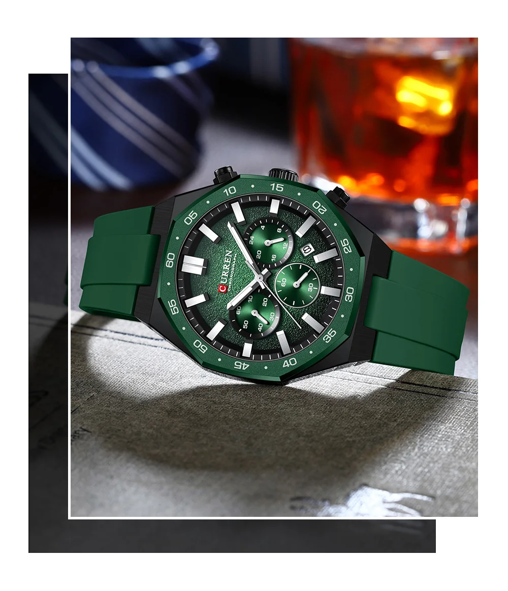 CURREN Herren Sport-Chronograph-Uhr mit Silikonarmband, Multifunktionszifferblatt mit Datum, Leuchtzeigern, Casual Quarz-Armbanduhr – Detail 20