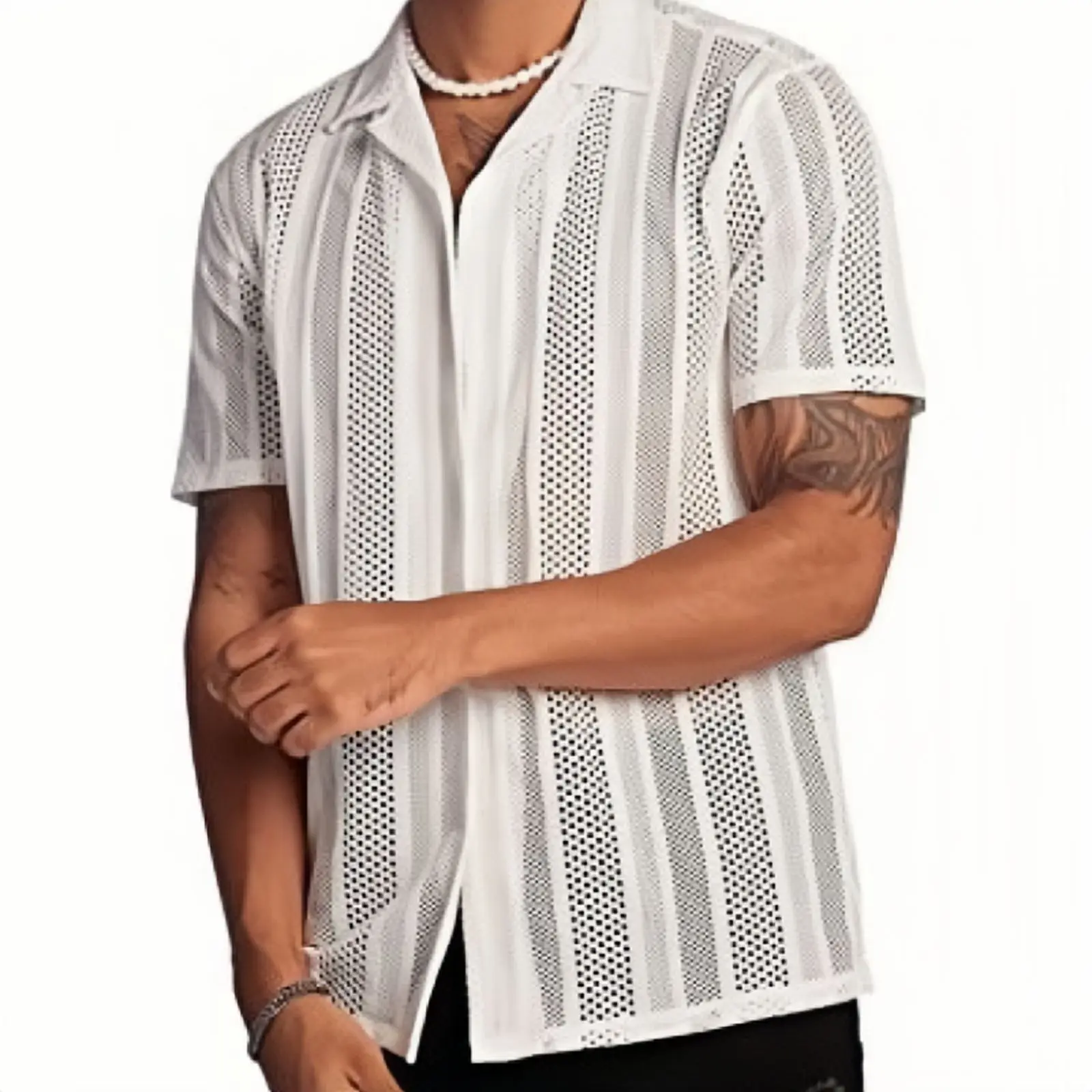 Mens Lace Hollow Out Shirt Sexy Sheer Perspective Nightclub Party Breathable Casual Business Fashion Tops