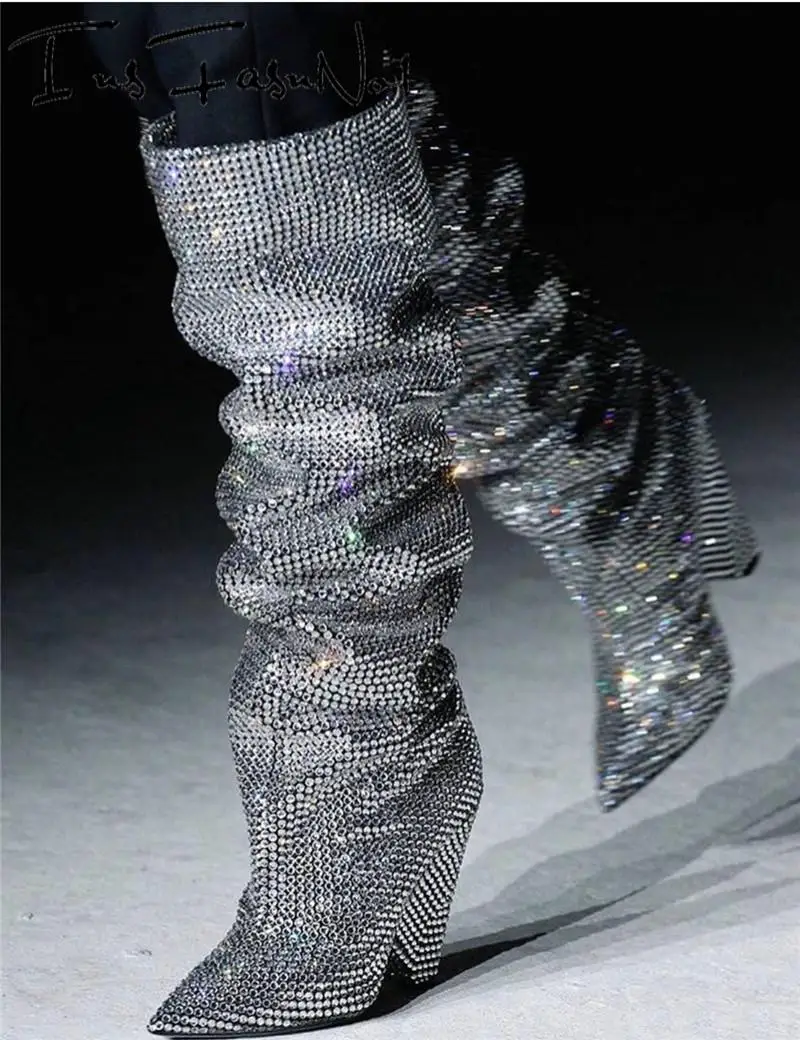 Bling Over The Knee Boots Crystal Women High Heel Thigh Boots Strass Shoes Pleated Spike Heel Rhinestone Long Boots Wedding Heel