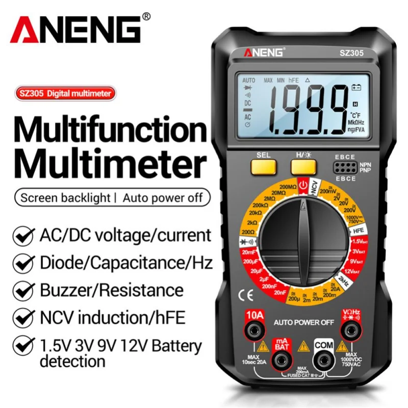 ANENG SZ305 Digital Multimeter Professional AC/DC Voltage Ammeter Capacitor hFE Triode NCV Voltage Induction Electrician Tester