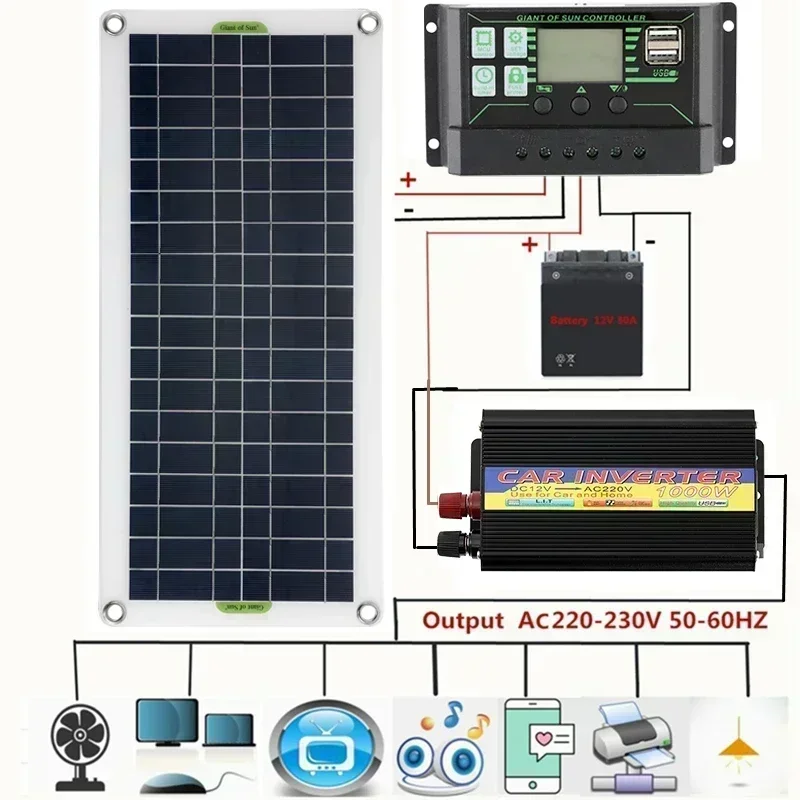 BMAD-Solar Power System Solar Panel Battery Charger Inverter USB Kit Complete Controller Home Grid Camping 30W 1000W 220W