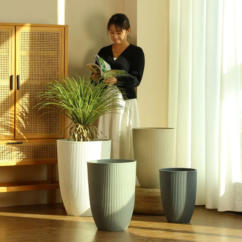 

2026 Garden Planter DesignNordic Exquisite Vertical Texture Plastic Round High Cylinder Thickened Resin Living Room and Bedroom