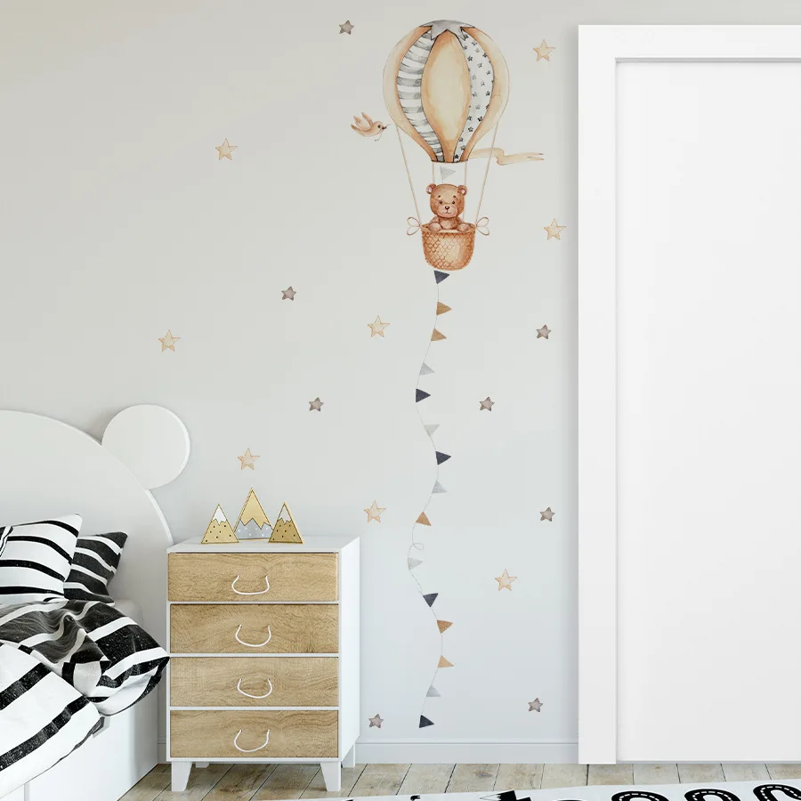 Teddy Bear Hot Air Balloon Wall Stickers for Kids Room Baby Nursery Room Kindergarten Background Wall Decor Vinyl Wall Decals