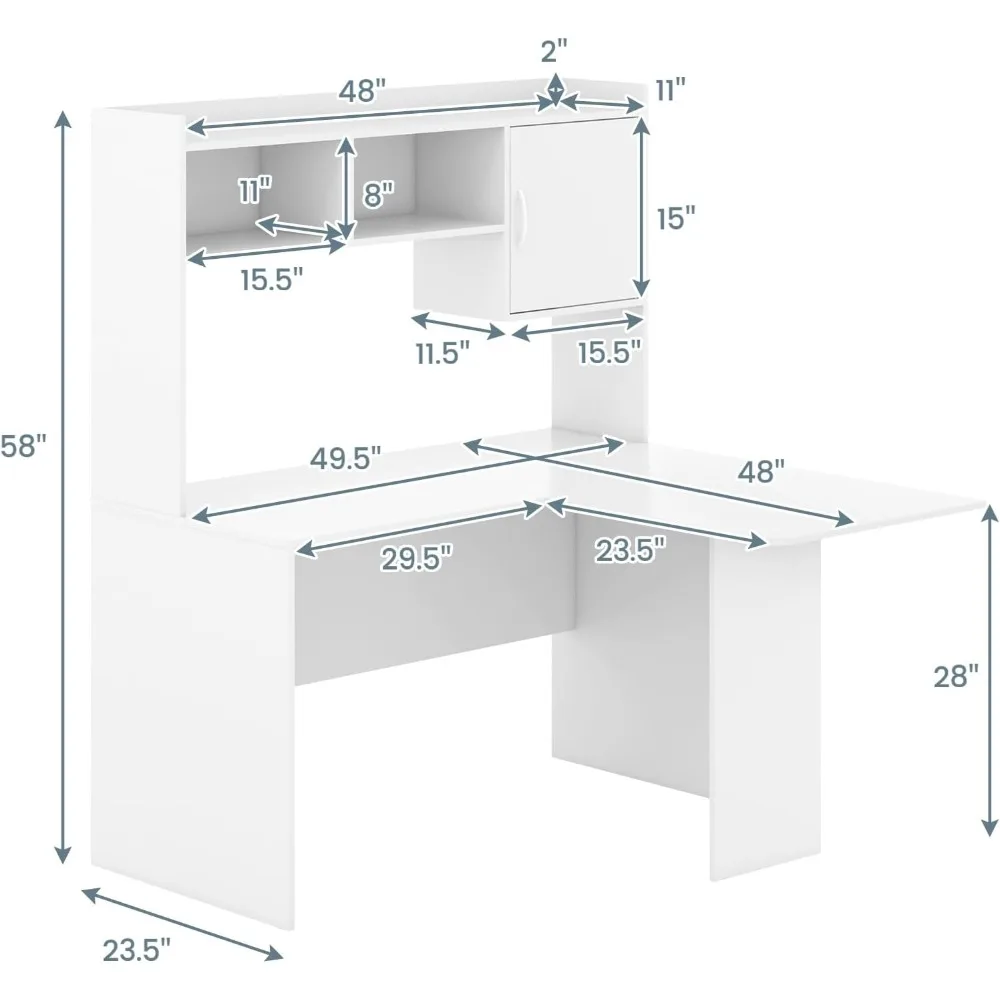 مكتب زاوية بيضاء مزود بخزانة، ومكتب تخزين على شكل حرف L وخزانة، ومحطة عمل كمبيوتر محمول وألعاب #3
