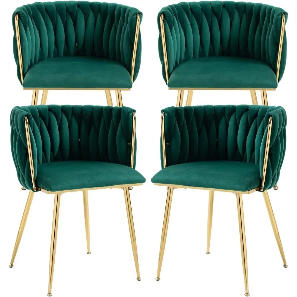 

Woven Dining Chairs Set of 4, Velvet Upholstered Dining Chairs with Gold Metal Legs, Modern Accent Chairs for Living Room