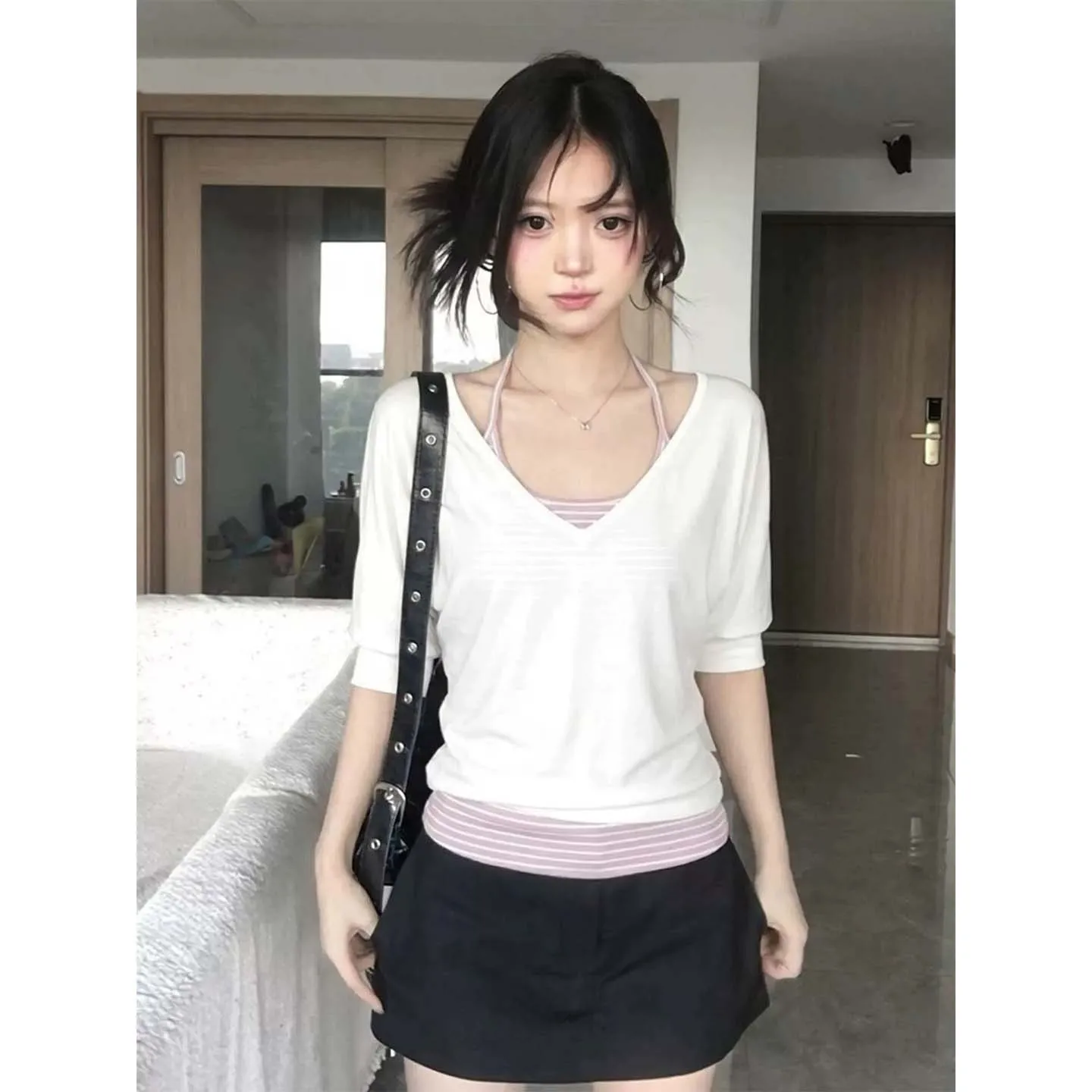 Korean Style Women's Summer Stripe Crop Top And Vest Set Neck Hanging Strap Sunscreen Shirt T-Shirt True Two-Piece Blue