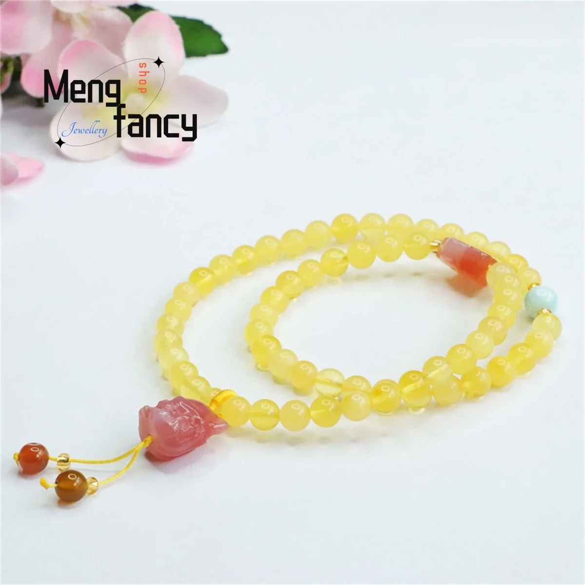 Natural Honey Wax Yanyuan Agate Amber Peach Blossom Double Ring Fox Bracelet Simple Personality Retro Ethnic Men Women Fine Gift