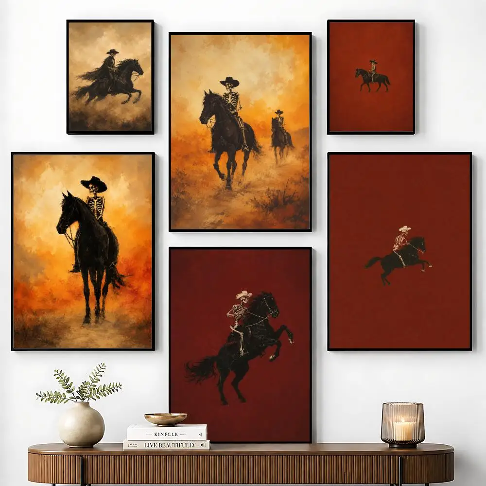Skeleton Cowboy Horse Riding Poster Perfect Sticker Self Adhesive for Office Home Theater Wall Art Decor Fancy Gift