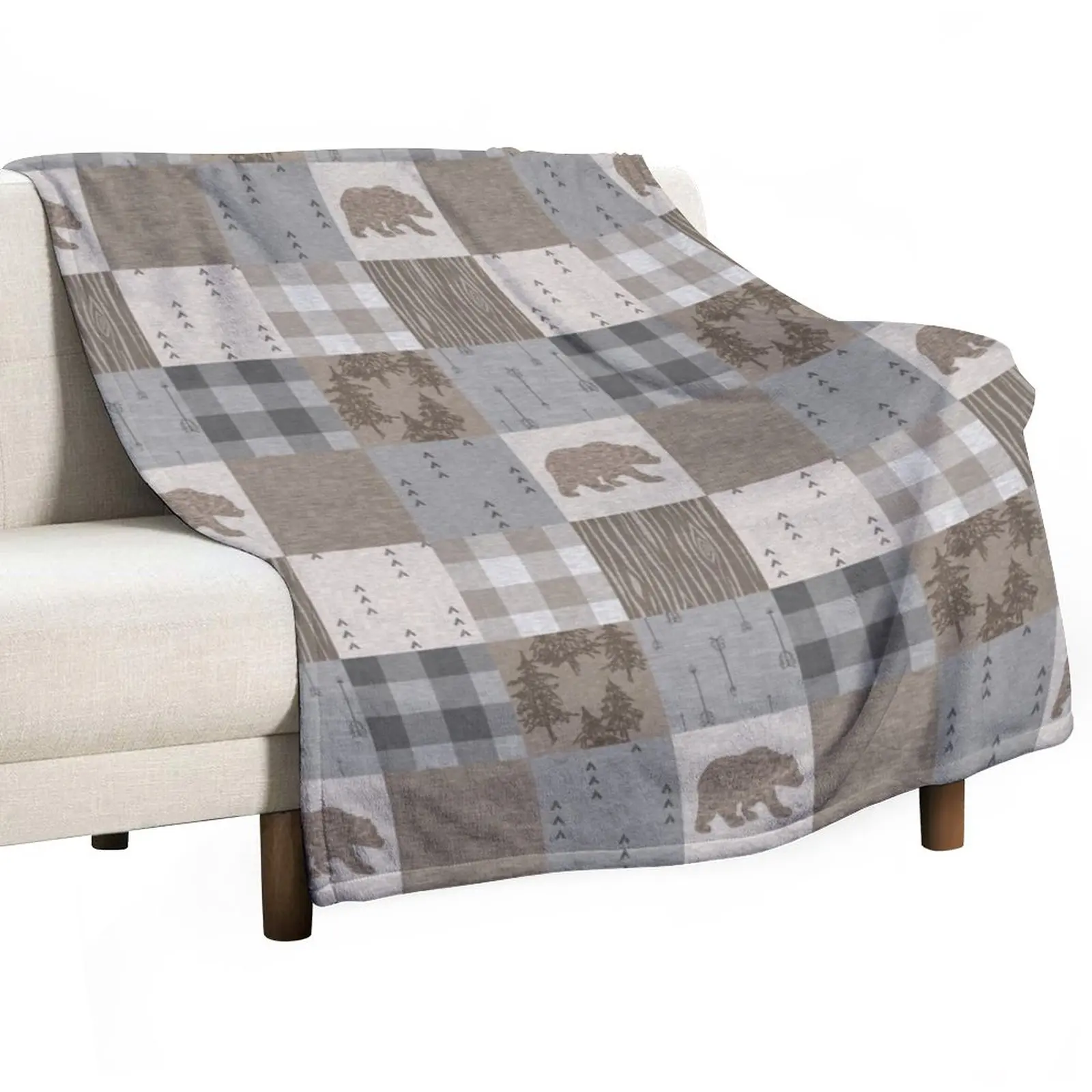 

Bear Patchwork - Rustic Neutrals Throw Blanket anime Beach Blanket Decorative Sofa Blanket