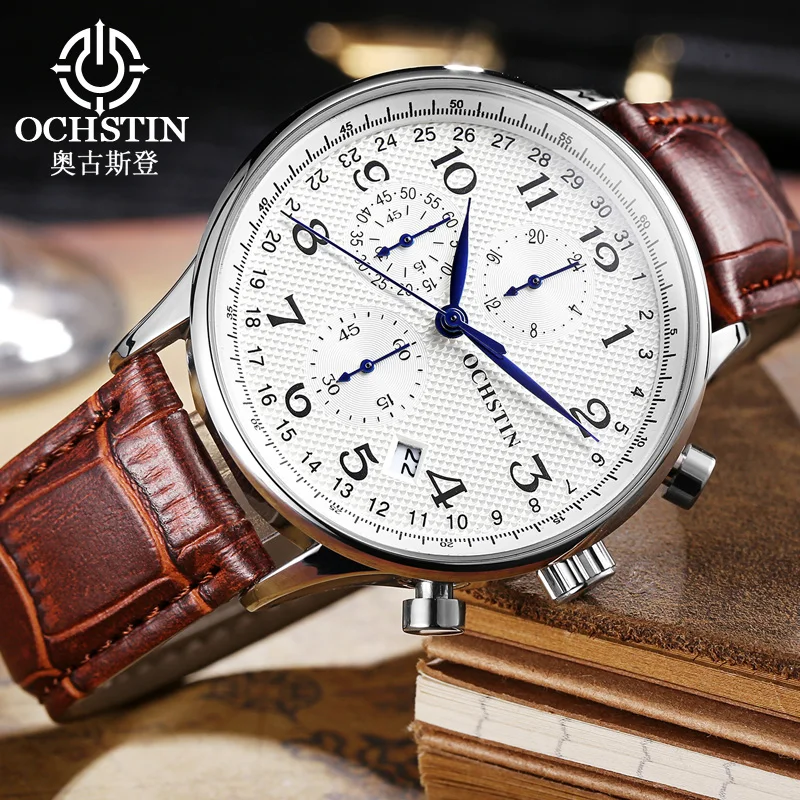 OCHSTIN Men's Pilot Multifunctional Quartz Watch Ultra-slim Alloy Case Soft Skin-friendly Genuine Leather Strap Calendar Clock