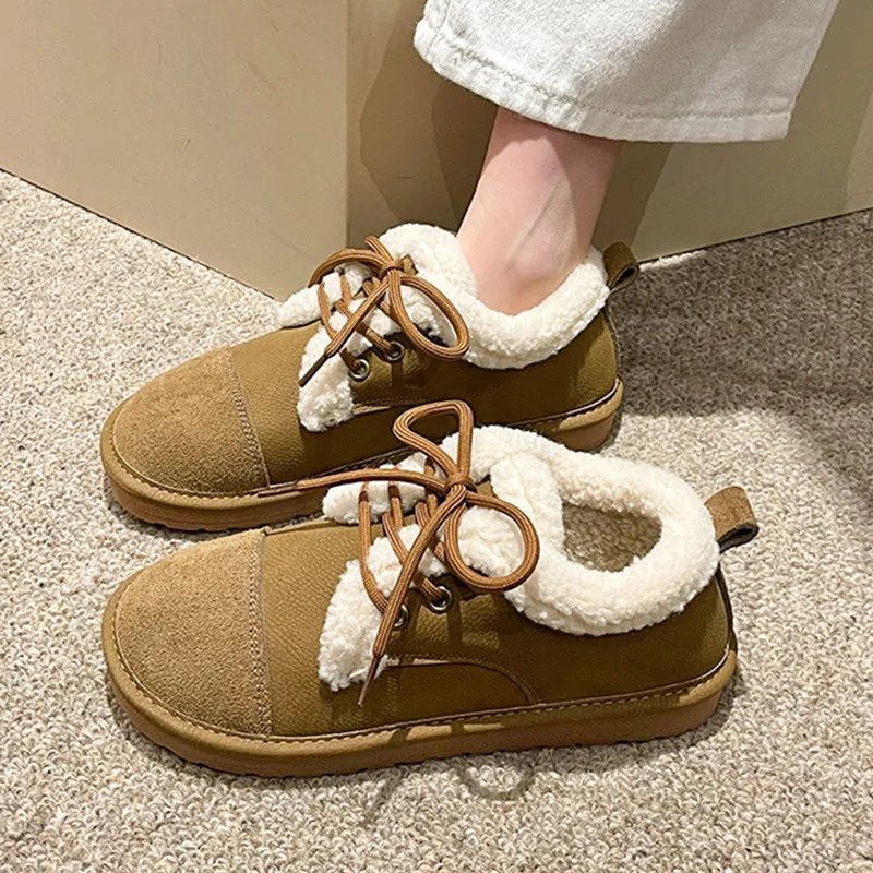 Fashion khaki Winter Shoes Women Low-cut Plush Flat Shoes for Women Non-slip Outdoor Female Cotton Shoes Cozy Fur Ladies Loafers