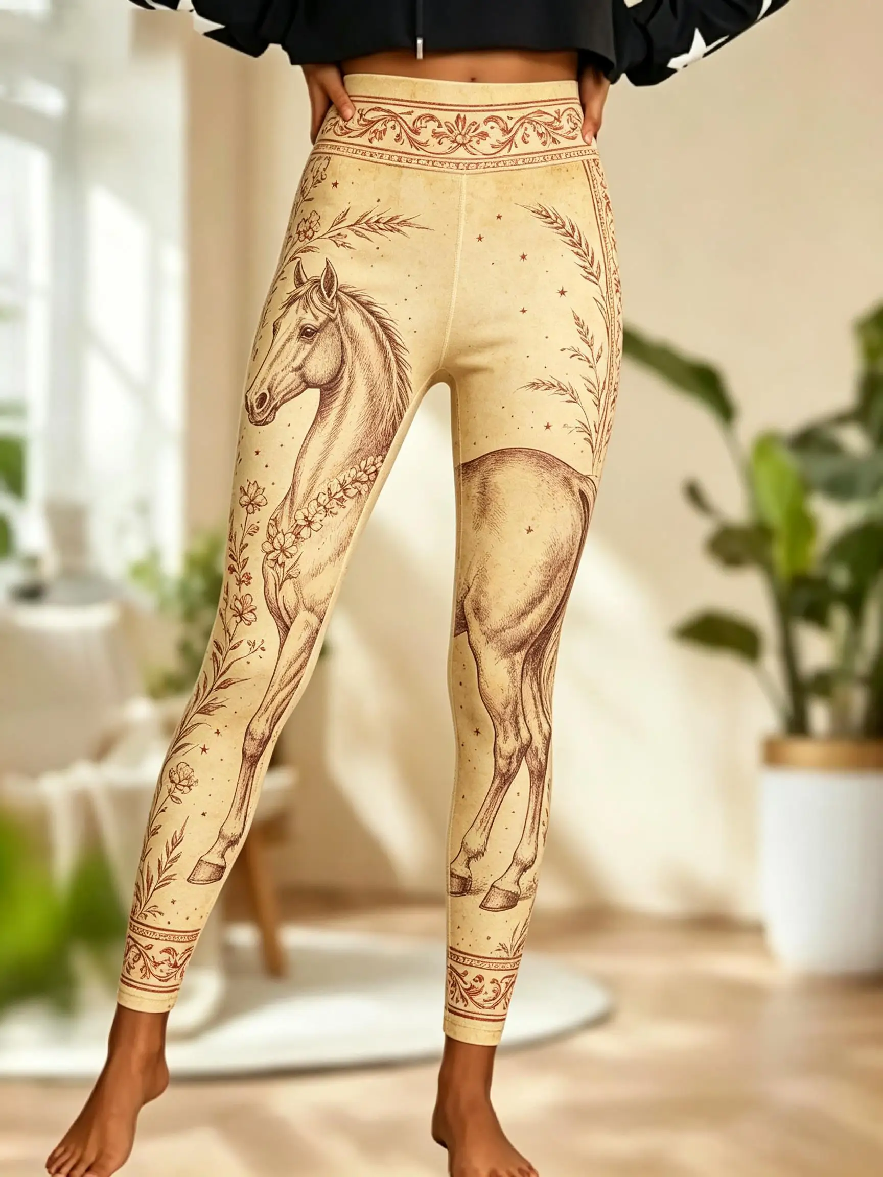 Women Fleece‑lined Mid‑rise Leggings Vintage Watercolor White Horse Floral Print Slim Stretch Winter Casual Pants